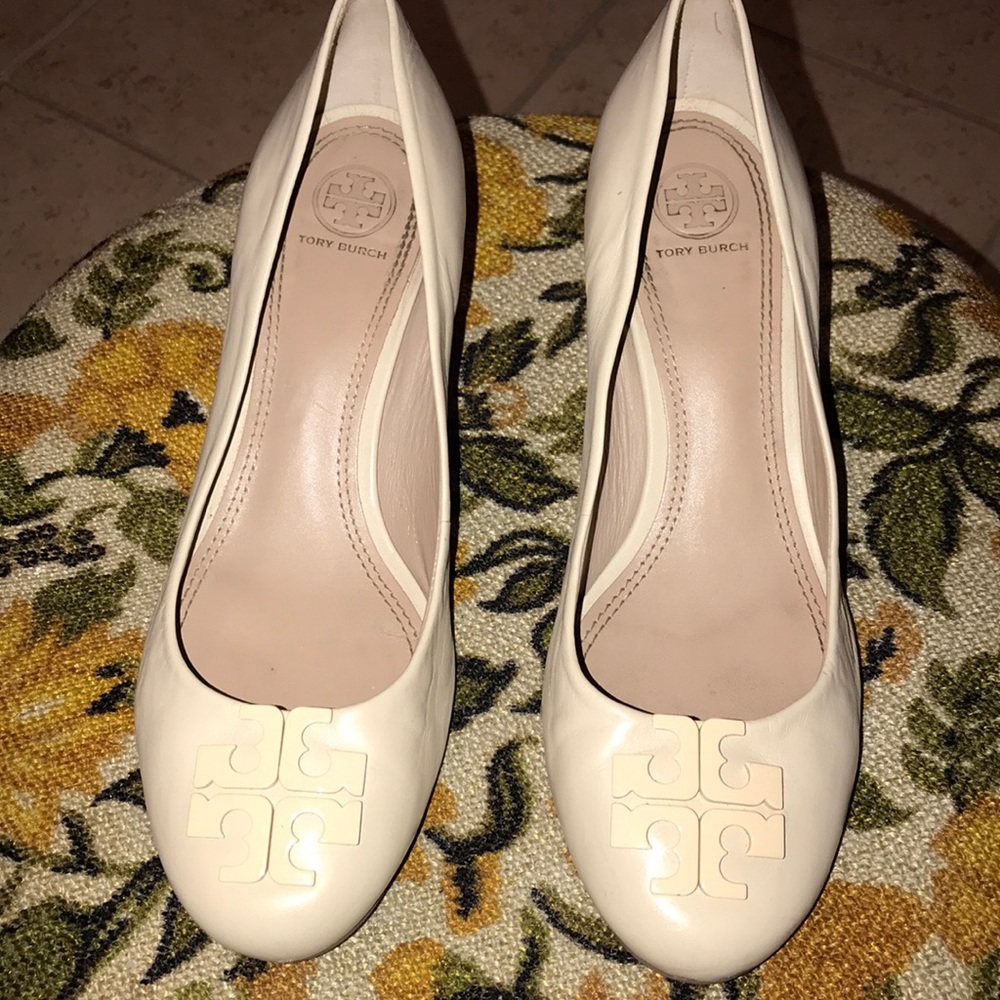 Tory Burch Cream Leather Wedge Pumps